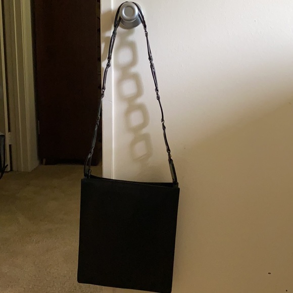 Vintage NEW GUCCI sleek black leather shoulder bag crossbody handbag w/wood RARE - Picture 8 of 13